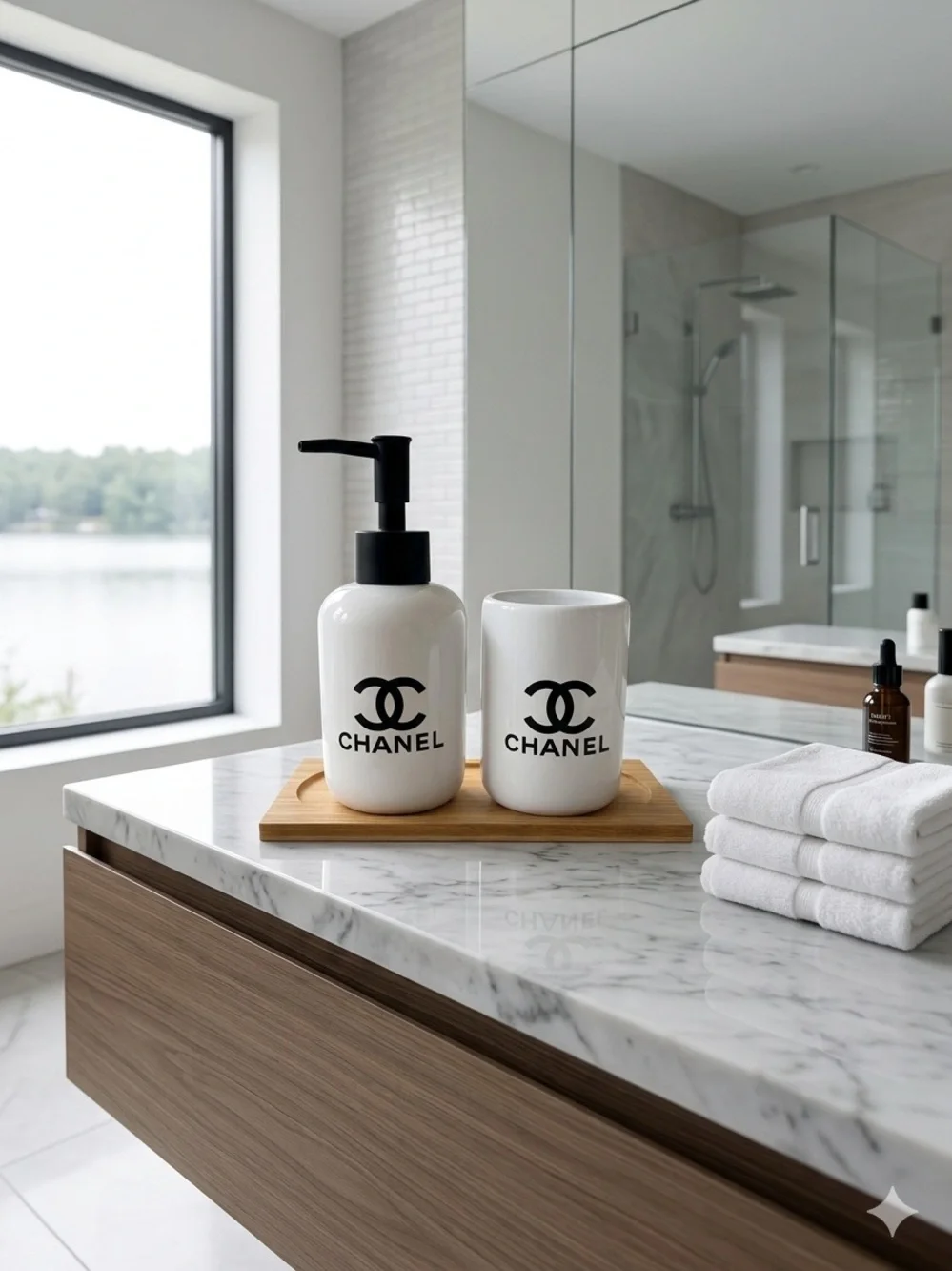 ChaneI White Ceramic Vanity Dispenser and Cup Set with Black Logo